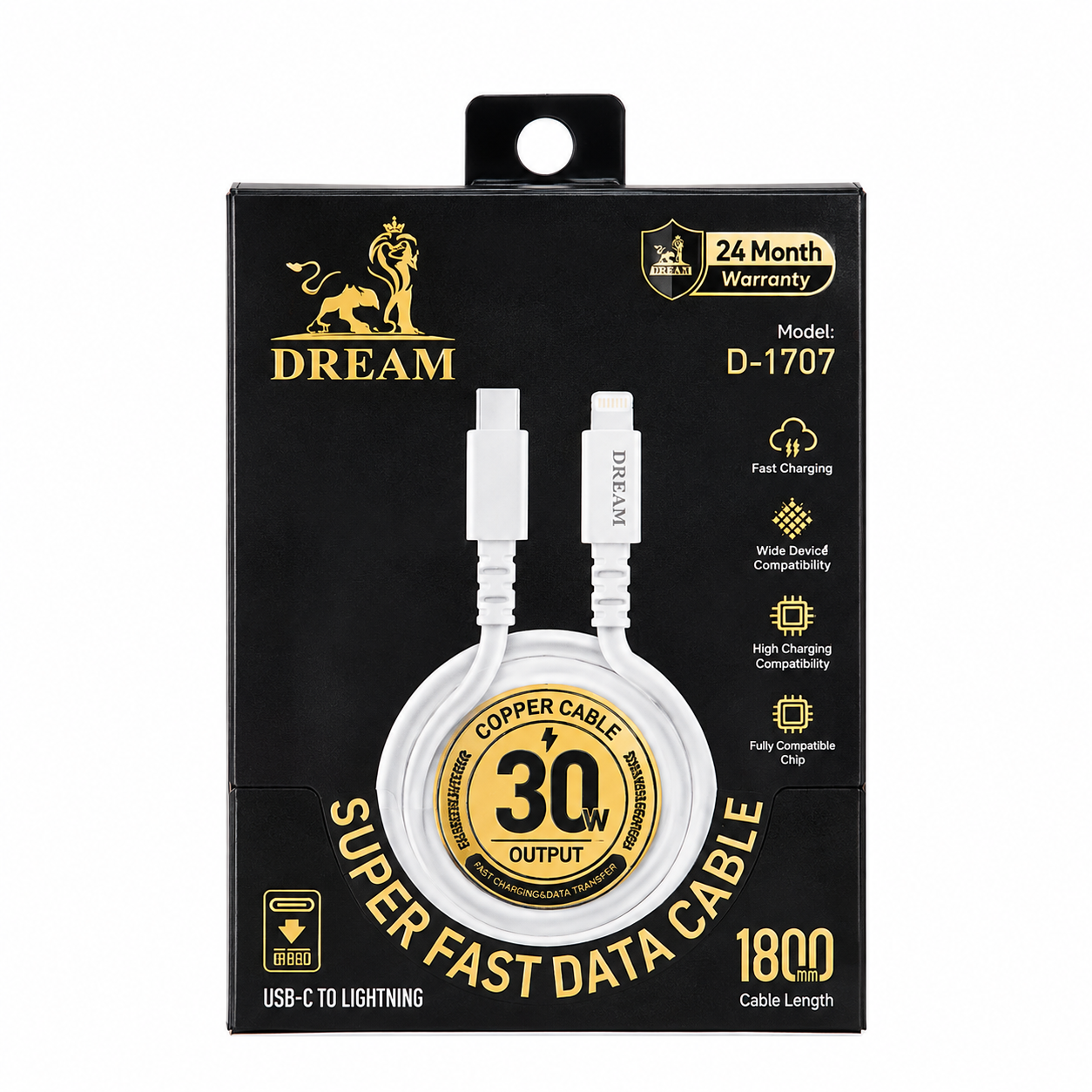 كابل شحن سريع DREAM D-1707 USB-C إلى Lightning بقوة 30W، 1.8 متر مضفر متين للآيفون والآيباد