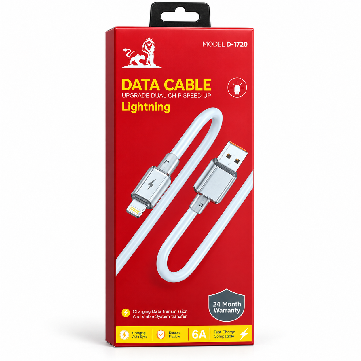 كابل شحن ونقل بيانات D-1720 من USB-A إلى Lightning أبيض - شحن سريع وموثوق للآيفون والآيباد