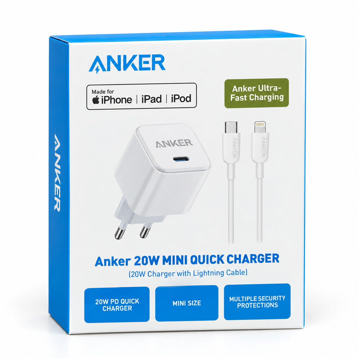 شاحن أنكر 20 وات PD مع كابل USB‑C إلى Lightning